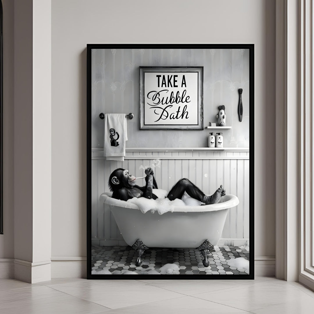A humorous print of a chimpanzee relaxing in a bubble bath

