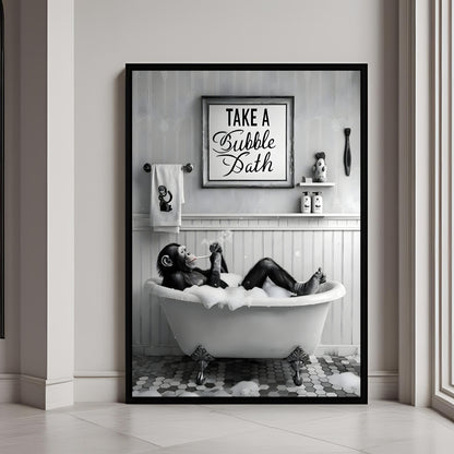 A humorous print of a chimpanzee relaxing in a bubble bath

