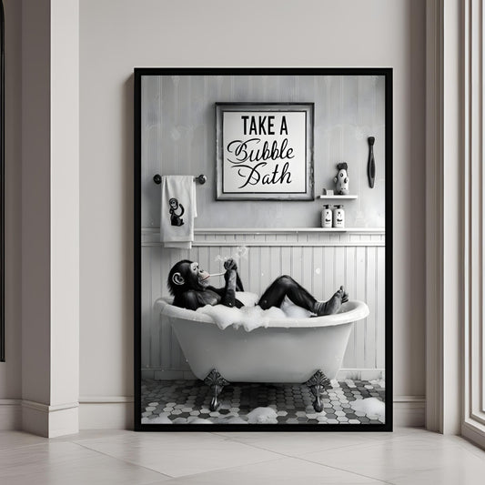 A humorous print of a chimpanzee relaxing in a bubble bath

