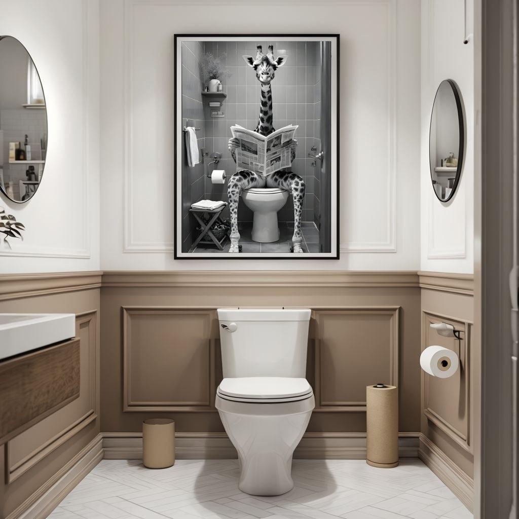 A high-contrast monochrome print featuring an animal on a toilet, perfect for sophisticated humor.