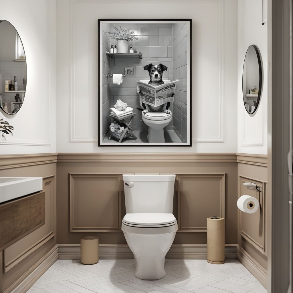 A sophisticated monochrome print featuring pet humor, making a great conversation piece for a powder room.