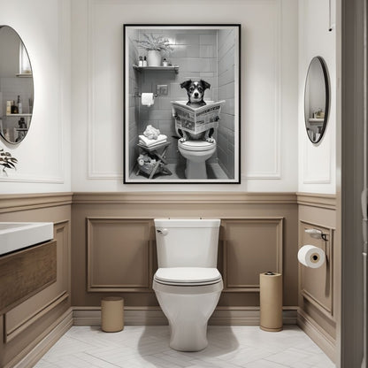 A sophisticated monochrome print featuring pet humor, making a great conversation piece for a powder room.
