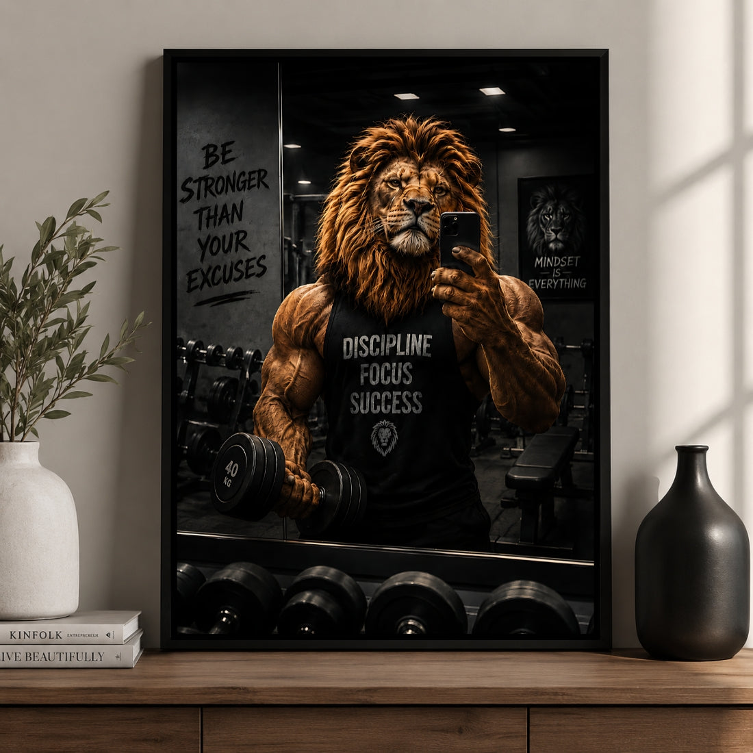 Motivational Lion Gym Wall Art | Discipline Focus Success Framed Print
