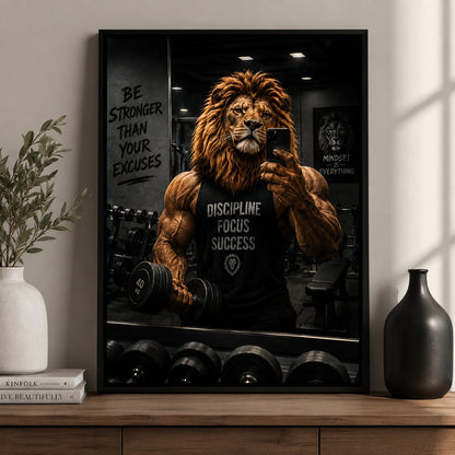 Motivational Lion Gym Wall Art | Discipline Focus Success Framed Print