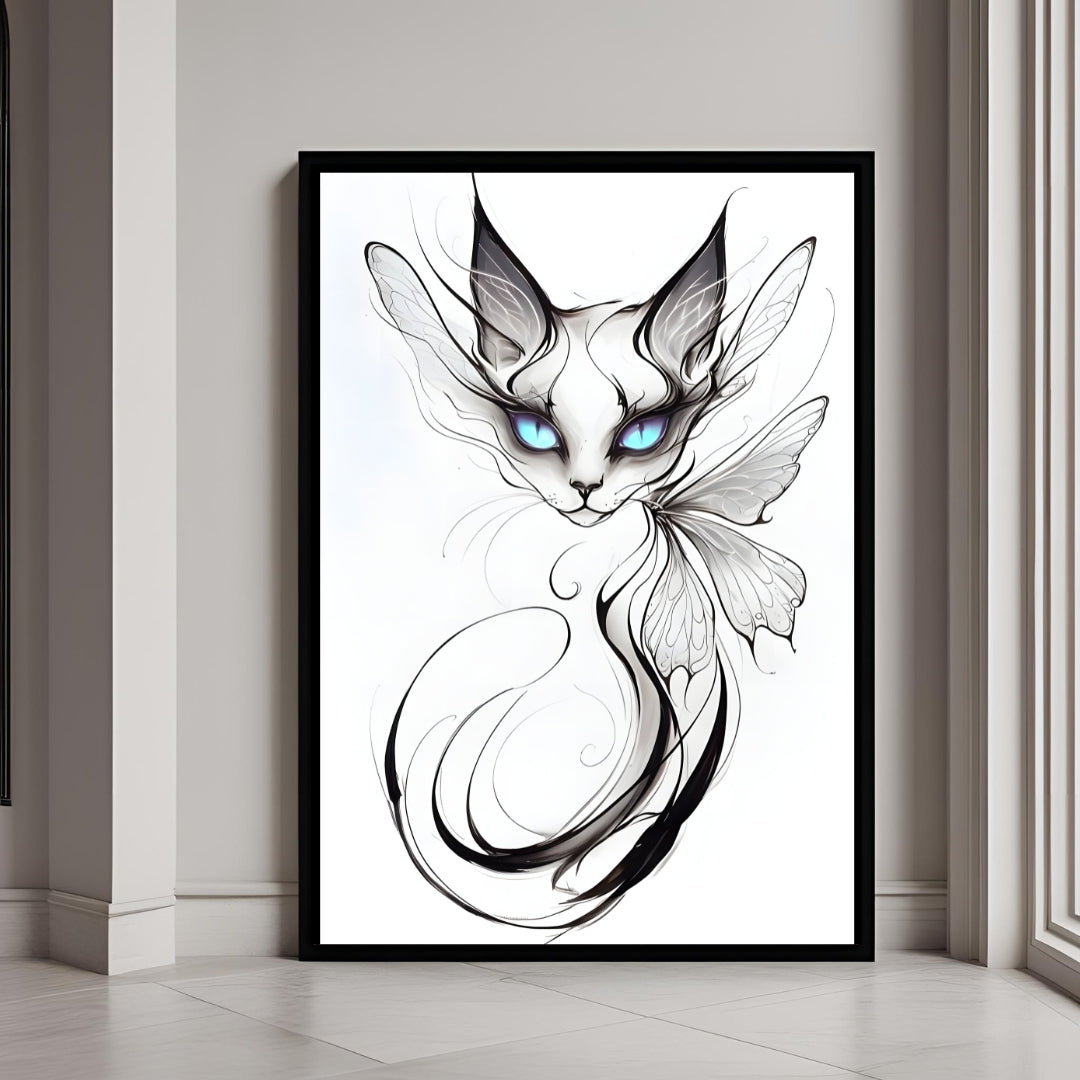 A close-up shot of the mystical butterfly cat, highlighting its piercing blue eyes and the elegant, swirling black and white line work.