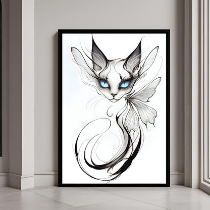 A close-up shot of the mystical butterfly cat, highlighting its piercing blue eyes and the elegant, swirling black and white line work.