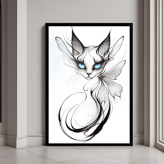 A close-up shot of the mystical butterfly cat, highlighting its piercing blue eyes and the elegant, swirling black and white line work.