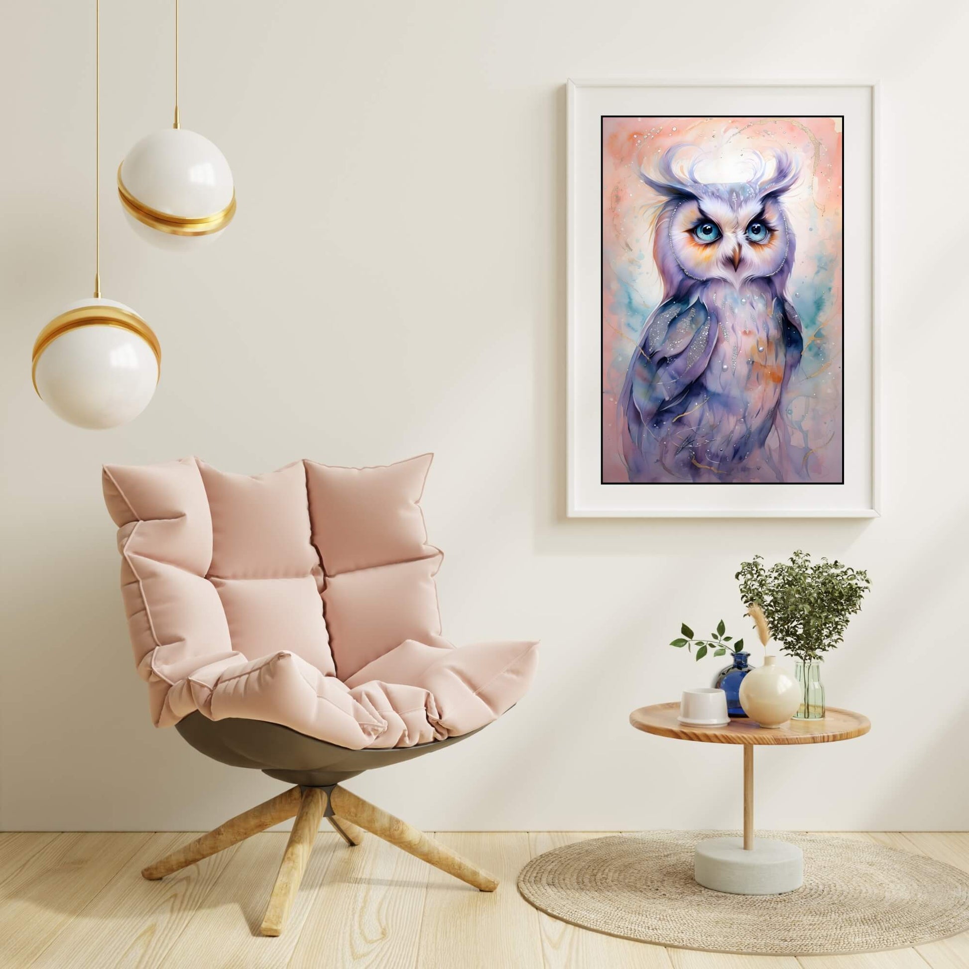 A full-view shot of the framed art, showcasing the ethereal and enchanting nature of the pastel watercolor owl.