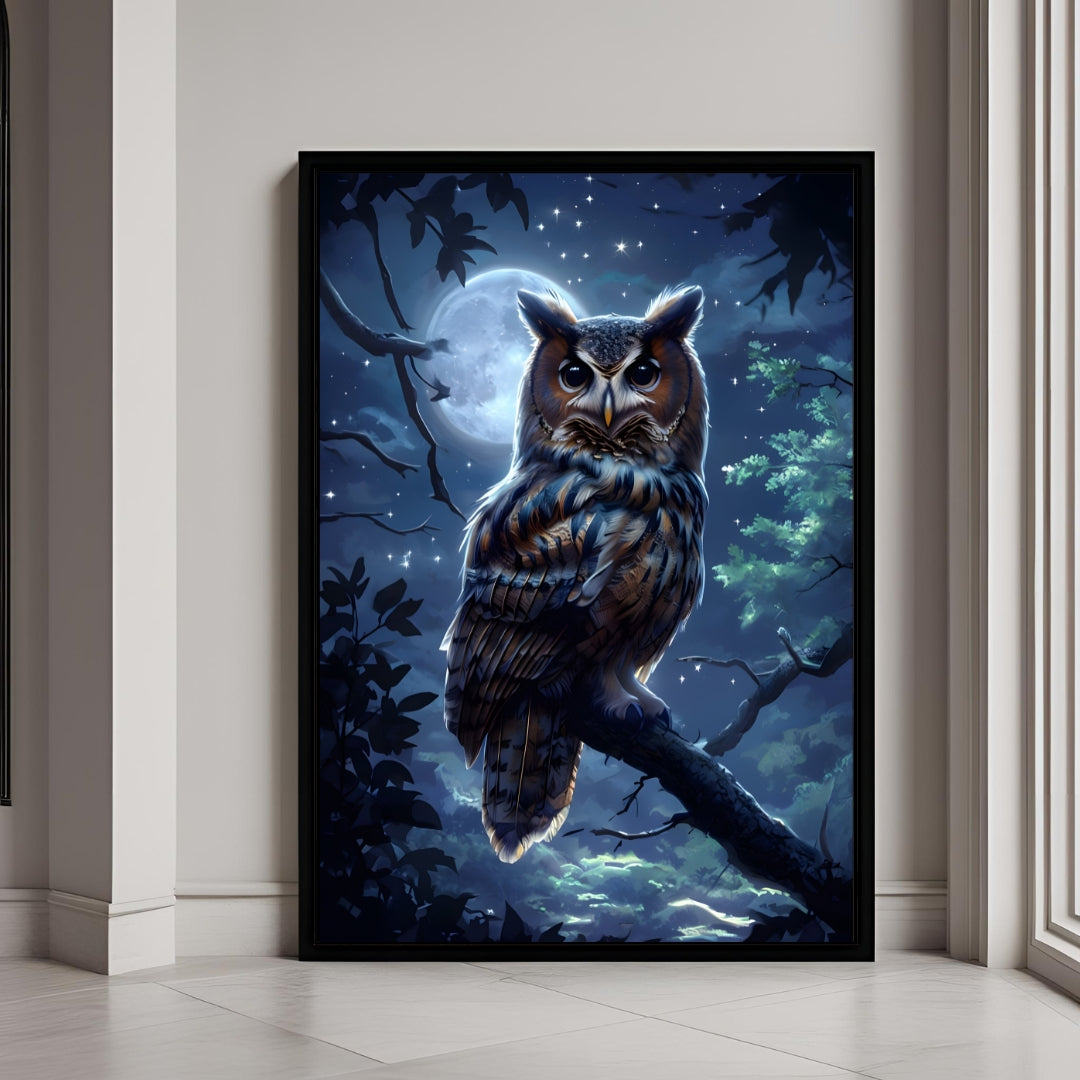 A beautiful framed art print of a majestic owl perched under a brilliant full moon and starry sky.