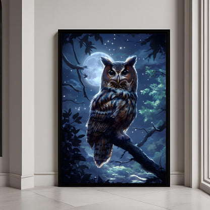 A beautiful framed art print of a majestic owl perched under a brilliant full moon and starry sky.