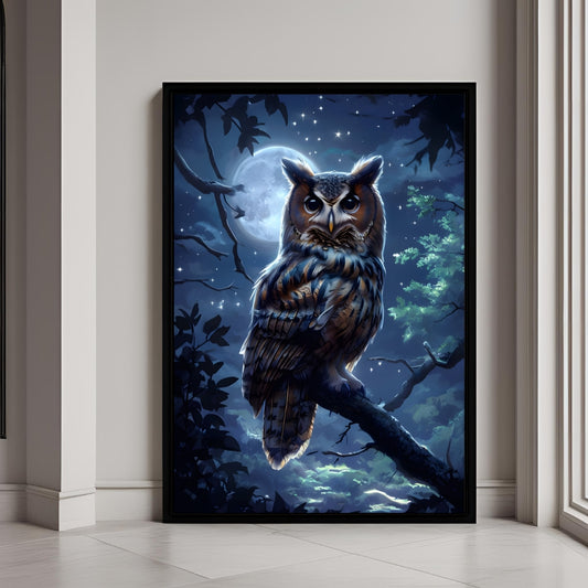 A beautiful framed art print of a majestic owl perched under a brilliant full moon and starry sky.