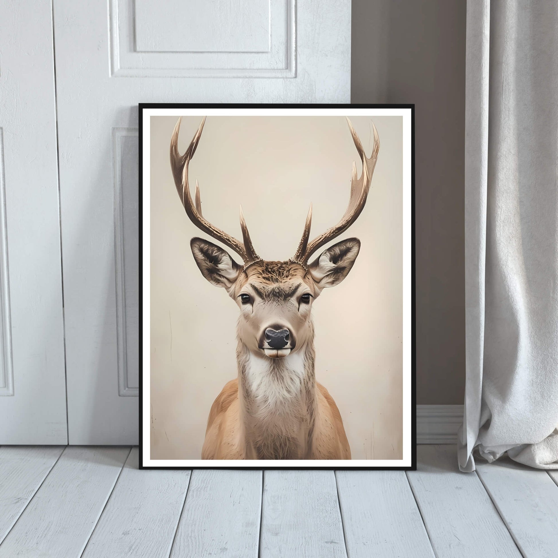 An angled shot of the framed stag art, highlighting its natural beauty and making it a great gift for nature lovers.