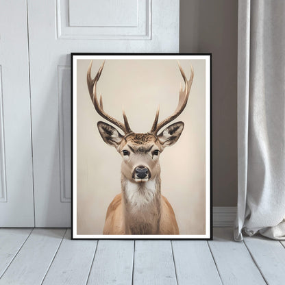 An angled shot of the framed stag art, highlighting its natural beauty and making it a great gift for nature lovers.