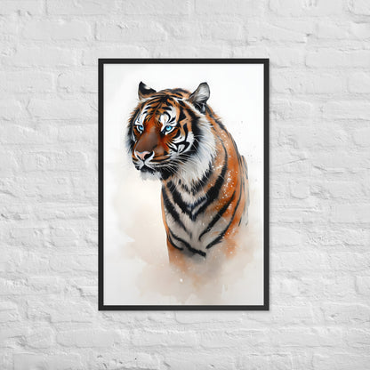 A vibrant and colorful framed art print of a tiger, perfect for anyone who loves nature and majestic animals.