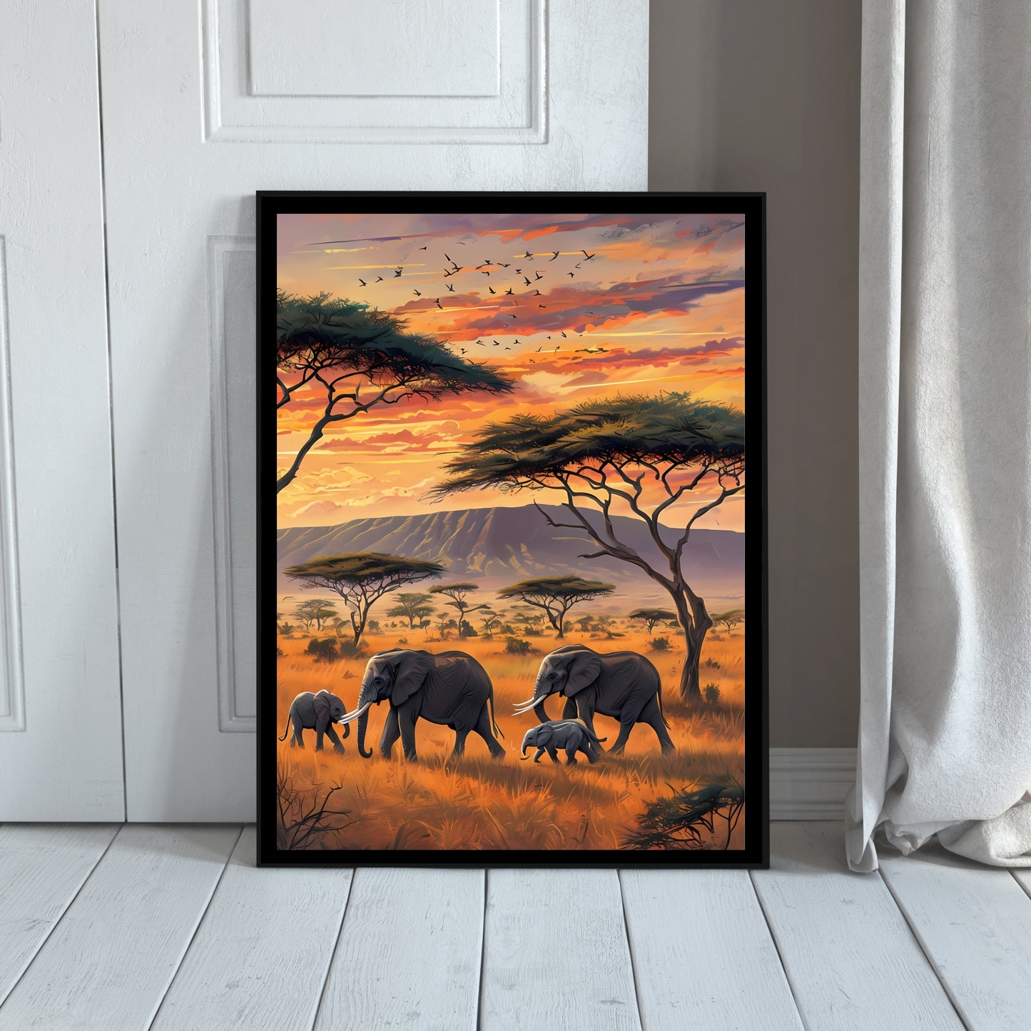 A vibrant and colorful framed art print of African elephants, perfect for anyone who loves nature and wildlife.