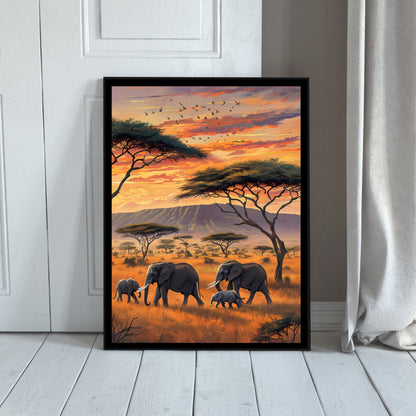 A vibrant and colorful framed art print of African elephants, perfect for anyone who loves nature and wildlife.