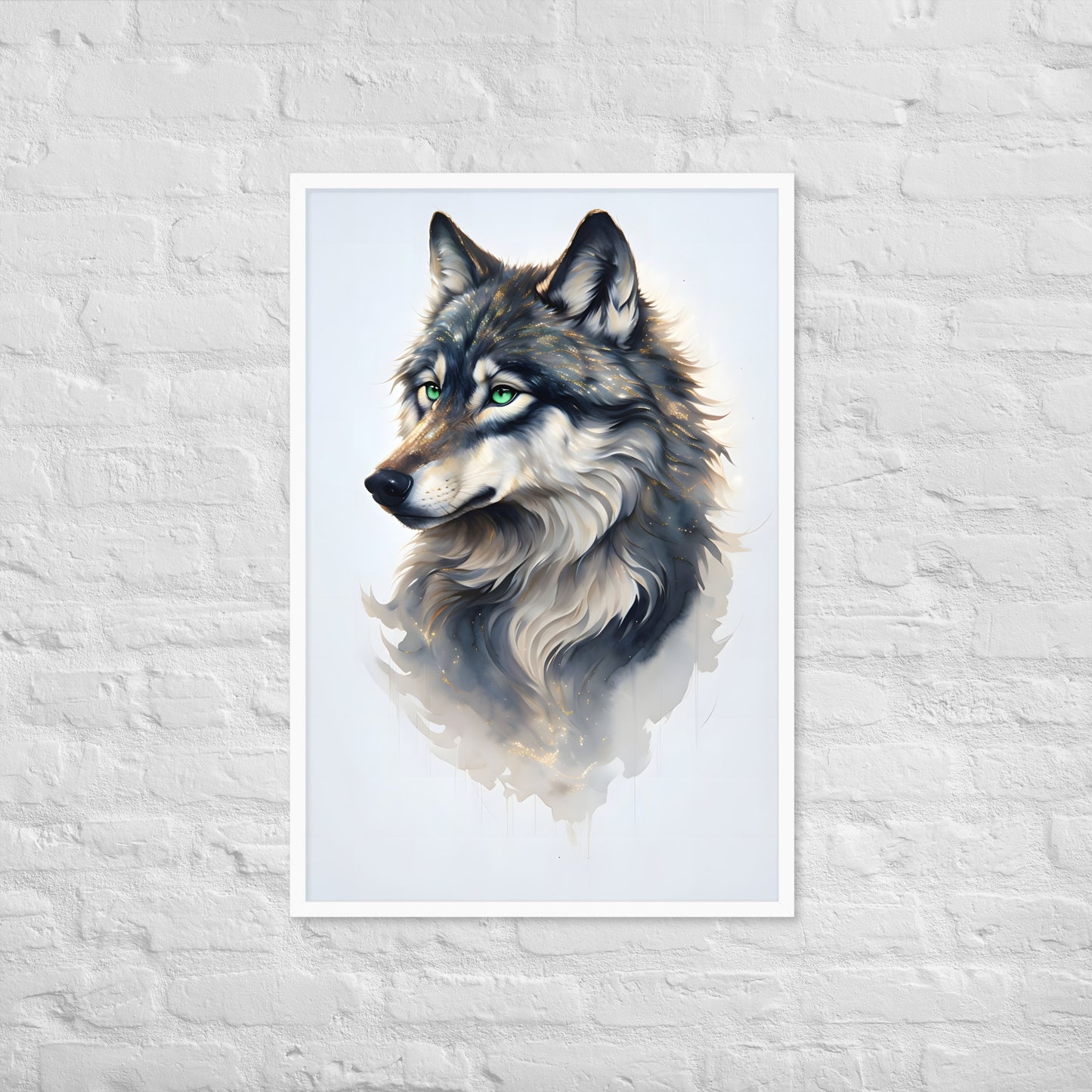 The framed wolf print hanging on a wall, showcasing its neutral palette and its suitability for a bedroom or office.