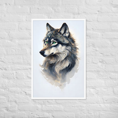 The framed wolf print hanging on a wall, showcasing its neutral palette and its suitability for a bedroom or office.