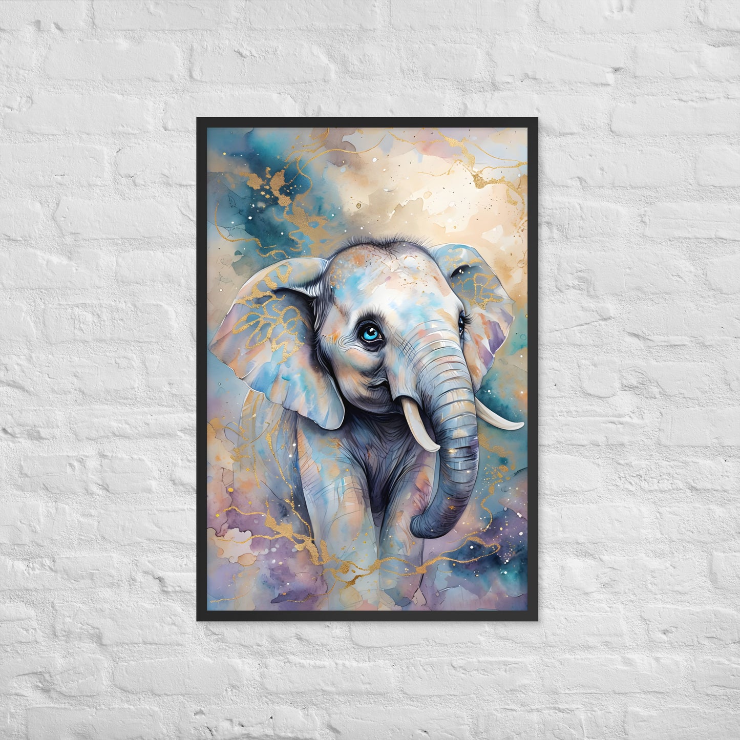 A close-up showing the baby elephant's big, innocent blue eyes and blue and gold watercolor details.