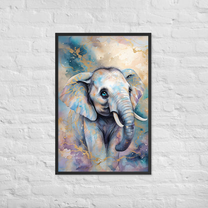 A close-up showing the baby elephant's big, innocent blue eyes and blue and gold watercolor details.