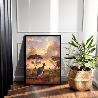 An angled shot of the framed art, highlighting the stunning colors of the sunset sky and the vast landscape.