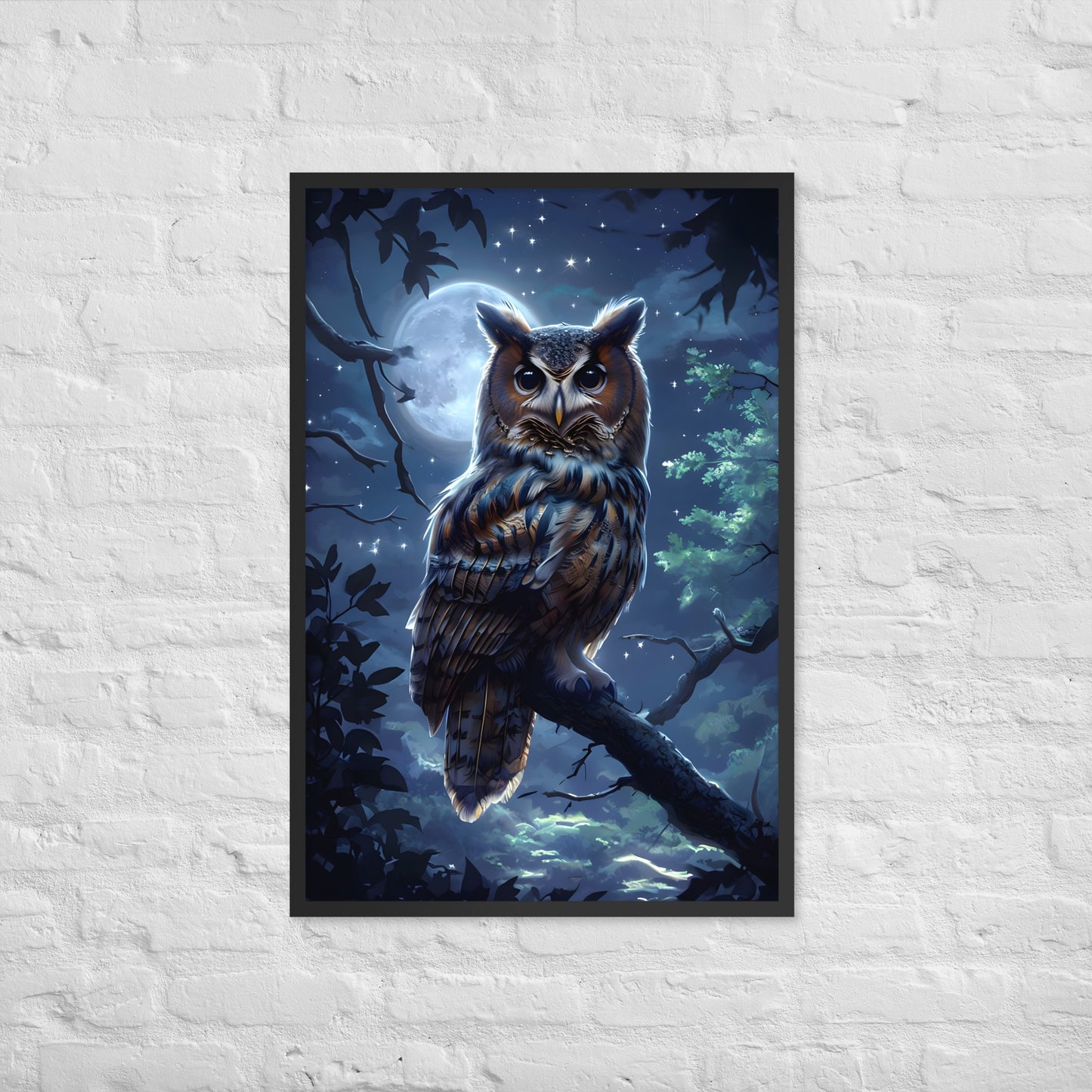 A stunning piece of nocturnal wildlife art, ideal as a gift for nature enthusiasts or owl lovers.