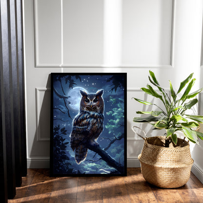 An angled shot of the framed art, highlighting the dramatic contrast between the glowing moonlight and the dark forest.