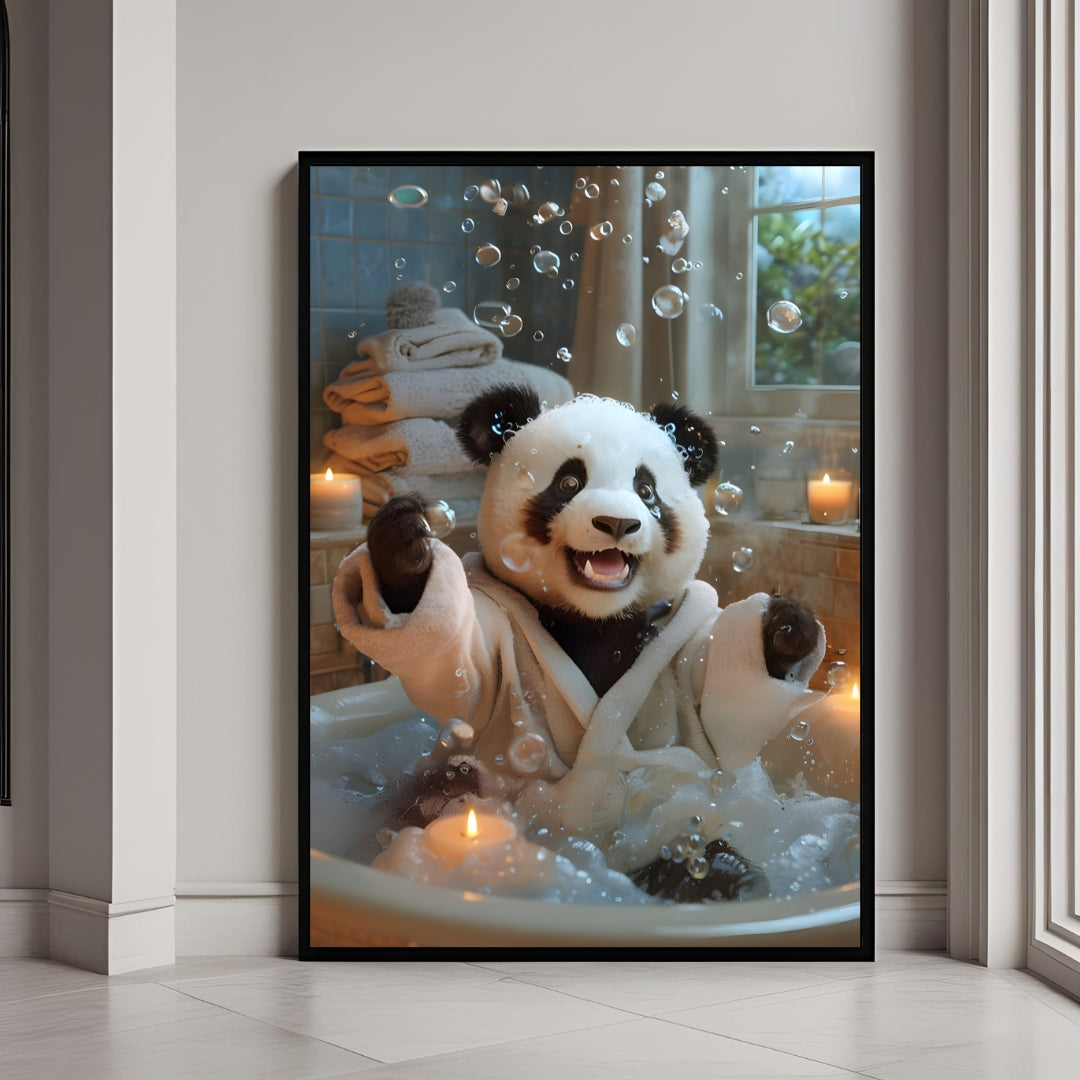 A framed print of a super happy Panda in a fluffy bathrobe, splashing excitedly in a candle-lit bath.