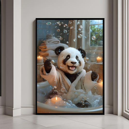 A framed print of a super happy Panda in a fluffy bathrobe, splashing excitedly in a candle-lit bath.