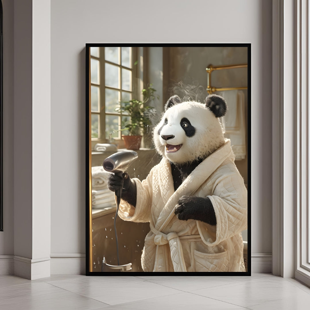 A framed print of a cute Panda in a cozy bathrobe, enthusiastically drying its fur with a hairdryer.
