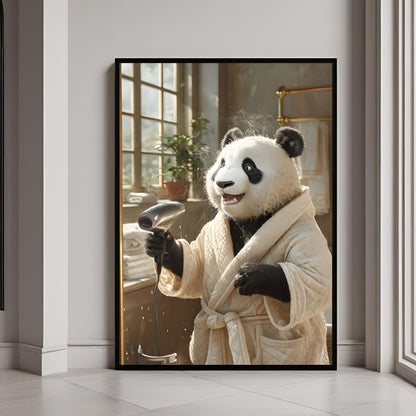 A framed print of a cute Panda in a cozy bathrobe, enthusiastically drying its fur with a hairdryer.