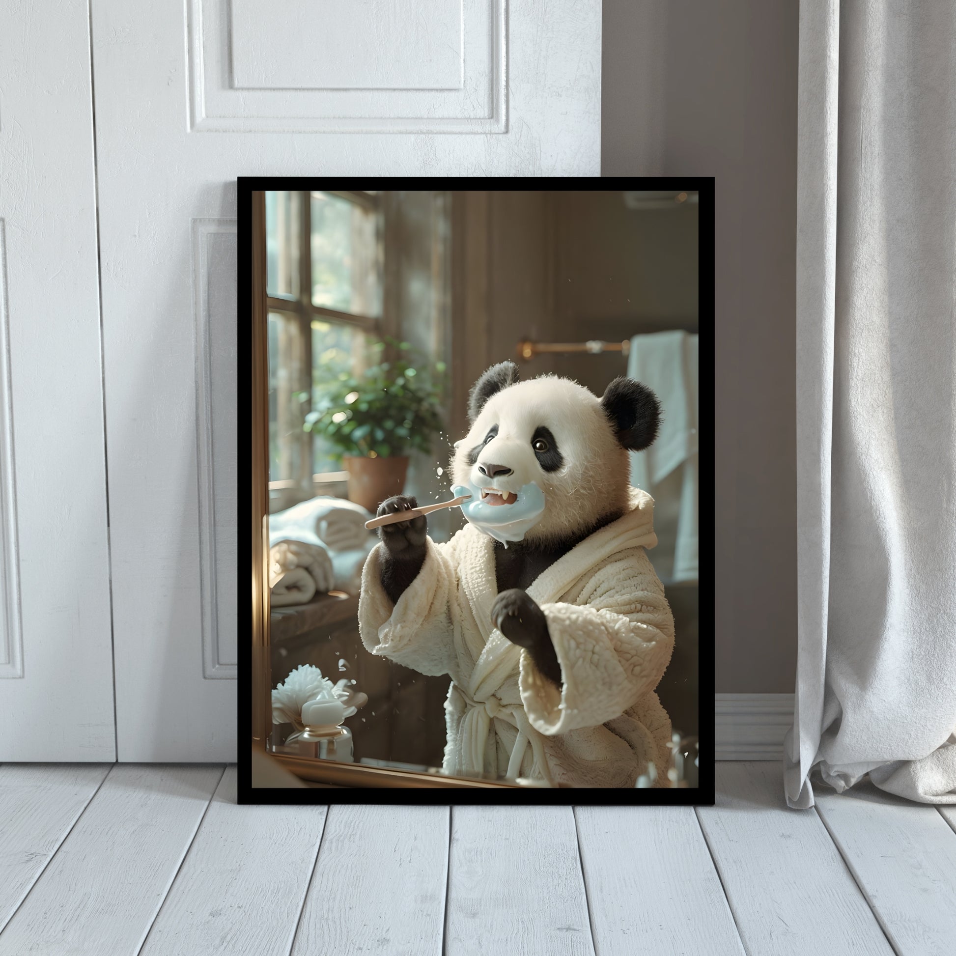 A visual capturing the Panda looking directly into a mirror while engaged in its morning routine.