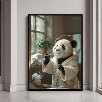 A framed print of a cute Panda in a bathrobe, vigorously brushing its teeth in a morning routine.