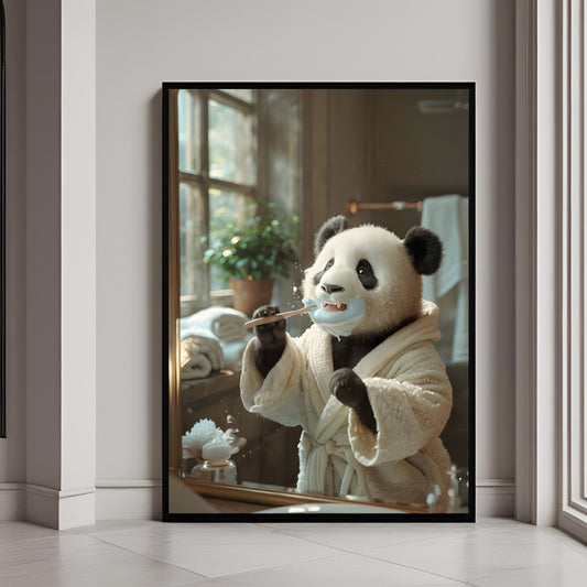 A framed print of a cute Panda in a bathrobe, vigorously brushing its teeth in a morning routine.