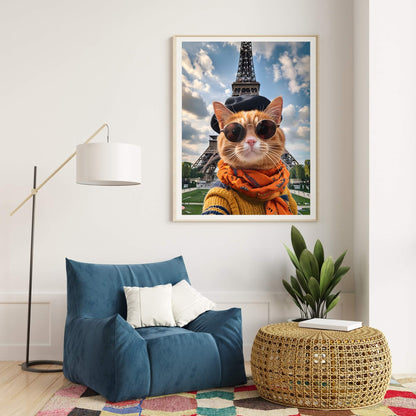 A humorous framed art print of a cat dressed like a tourist in Paris, perfect for a fun living room or office.