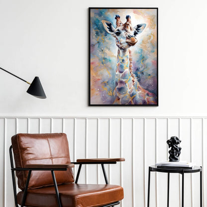 The perfect print for boho nursery decor, featuring a giraffe painted in pink, blue, and purple tones.