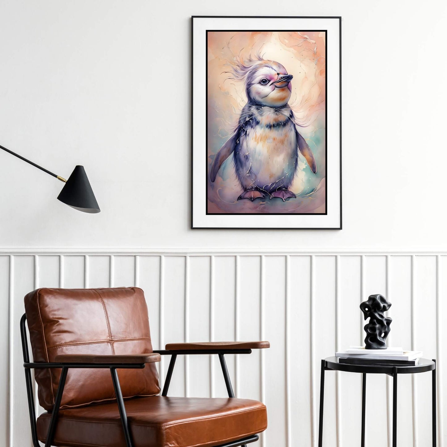 A delightful painting of a fluffy baby penguin, perfect for a nursery or kid's room.