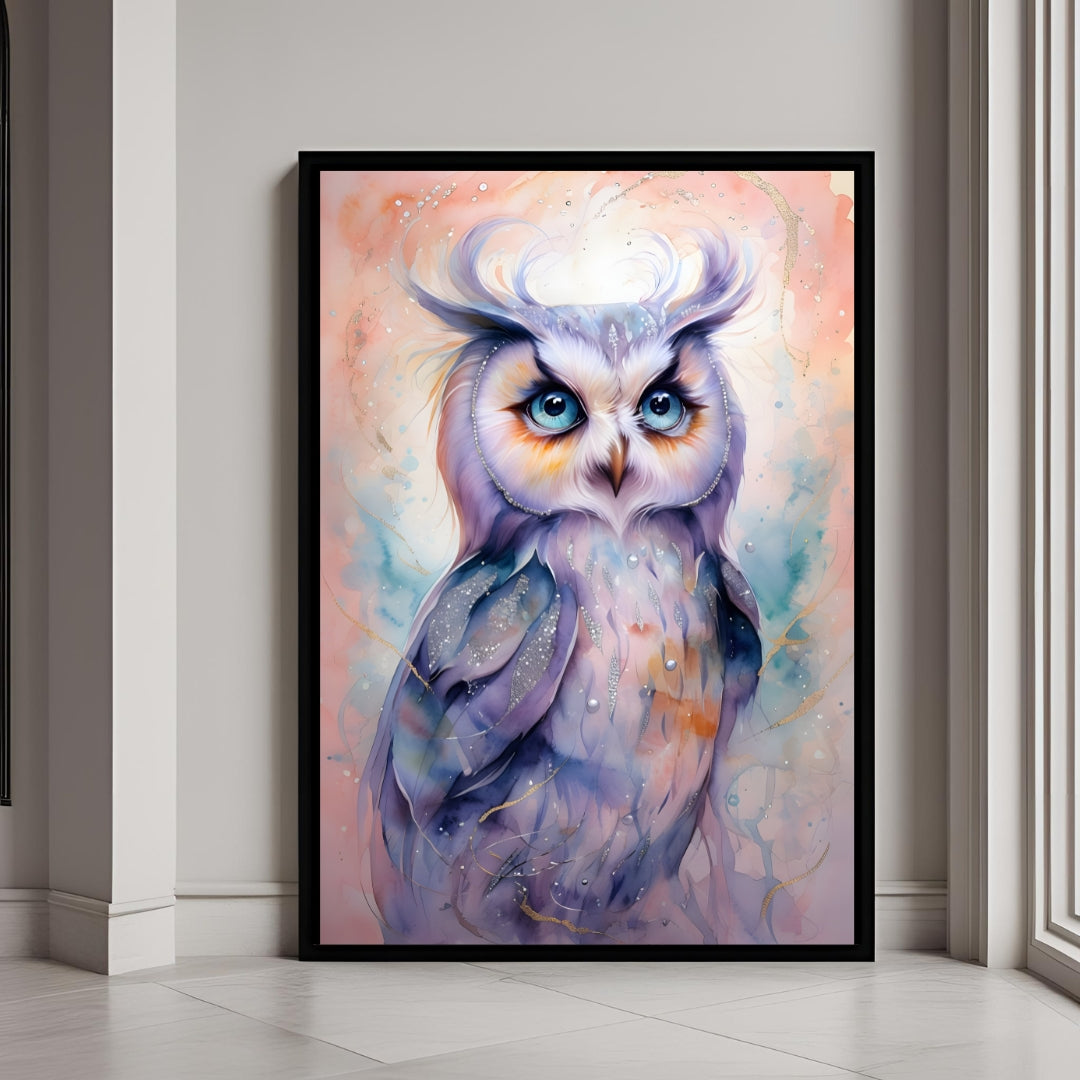 A beautiful framed art print of a mystical owl painted in soft pastel watercolors with gold details.