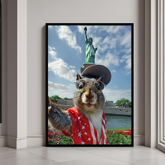 Framed artwork of a squirrel wearing sunglasses and an American flag shirt with the Statue of Liberty in the background.