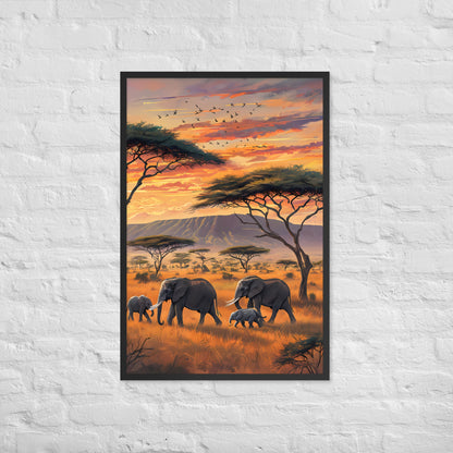 A full-view shot of the framed elephant print, showing the peaceful sunset colors and majestic wildlife.
