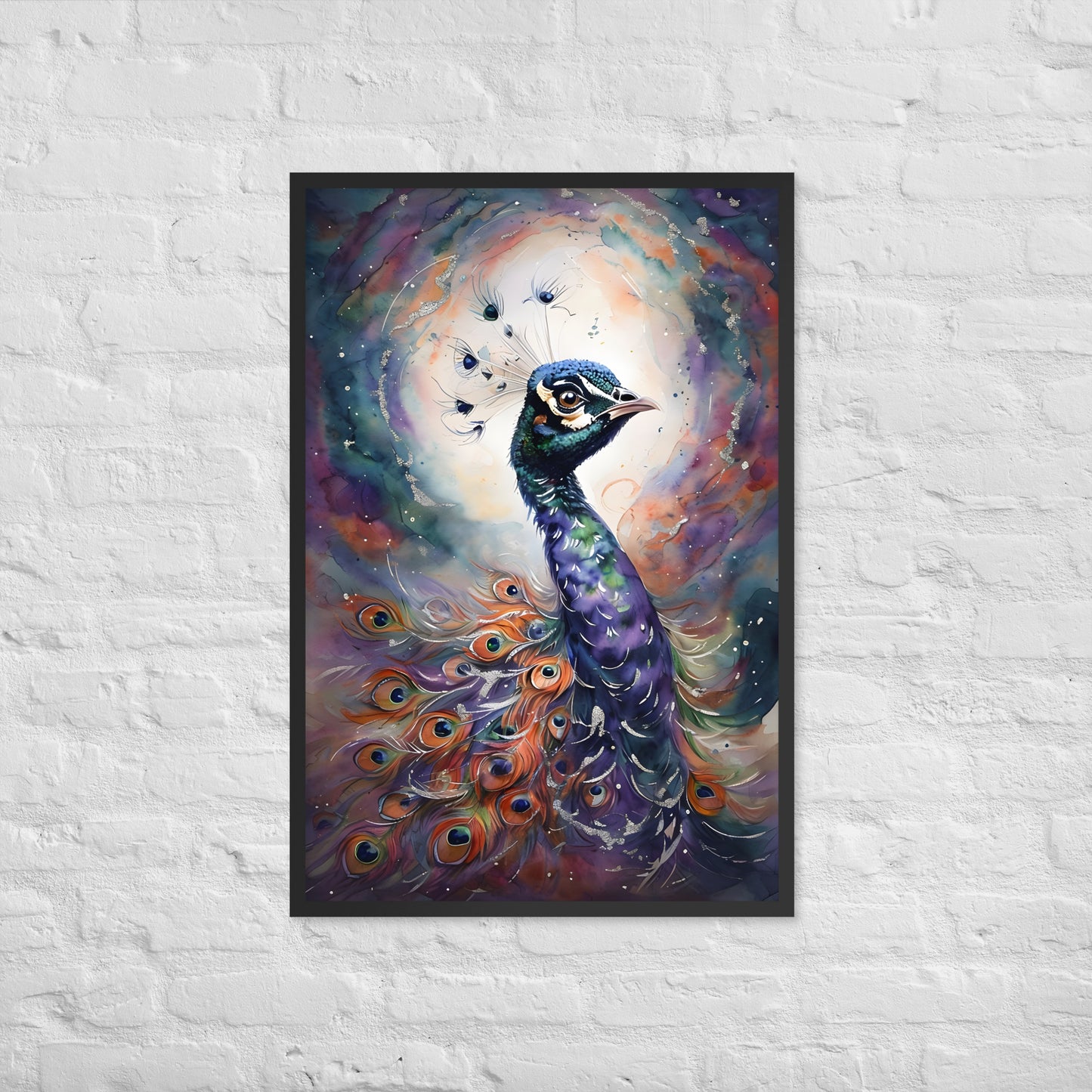 A vibrant and unique framed art print of a peacock, ideal for a living room, bedroom, or office.