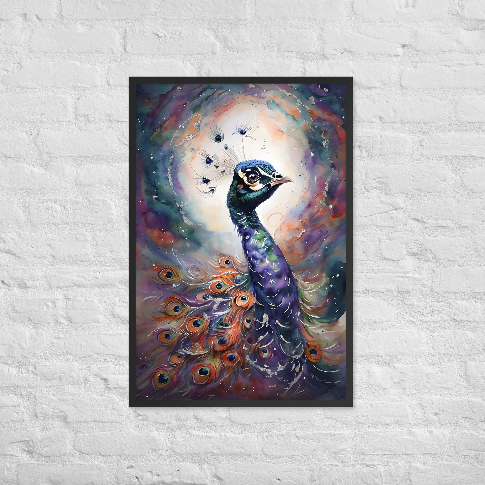 A vibrant and unique framed art print of a peacock, ideal for a living room, bedroom, or office.