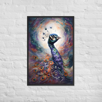 A vibrant and unique framed art print of a peacock, ideal for a living room, bedroom, or office.