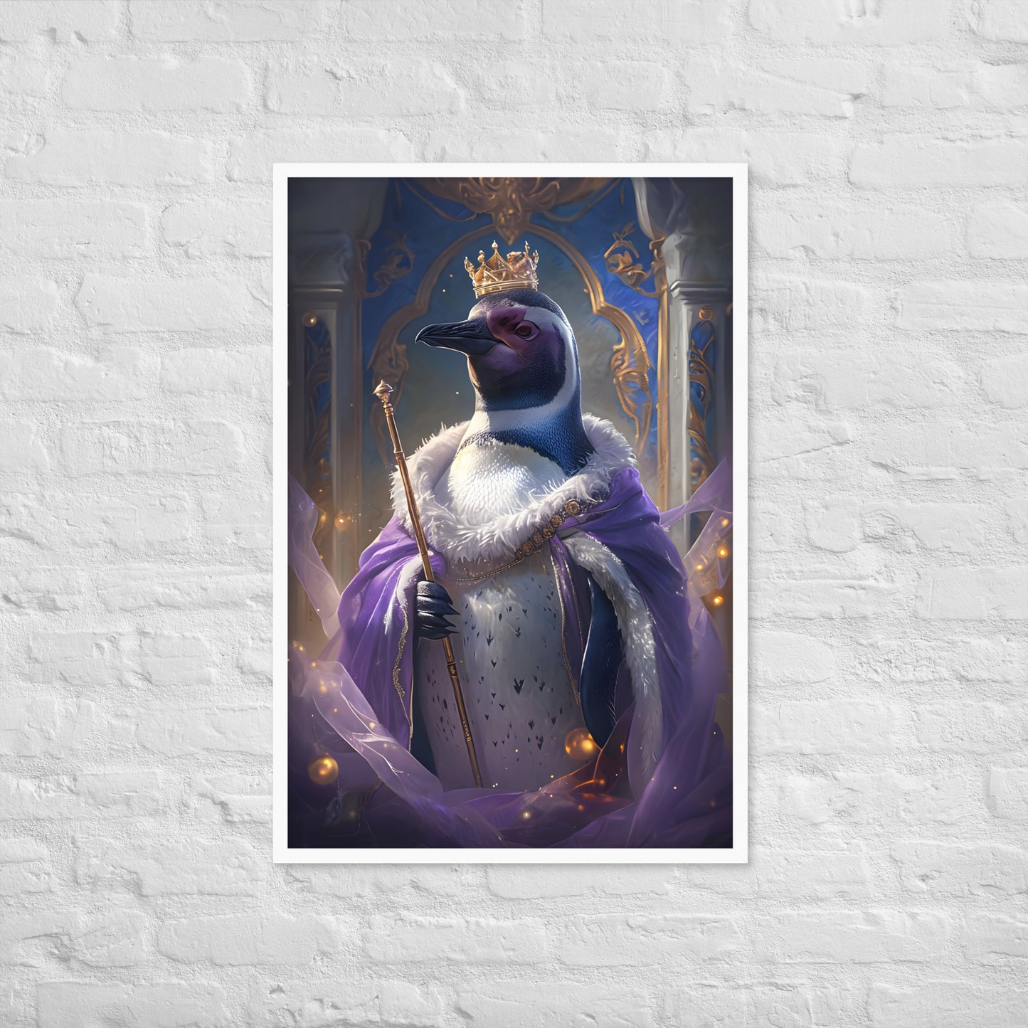 A wide shot of the framed art showcasing the penguin's charm, an ideal piece for any animal or fantasy-themed wall.