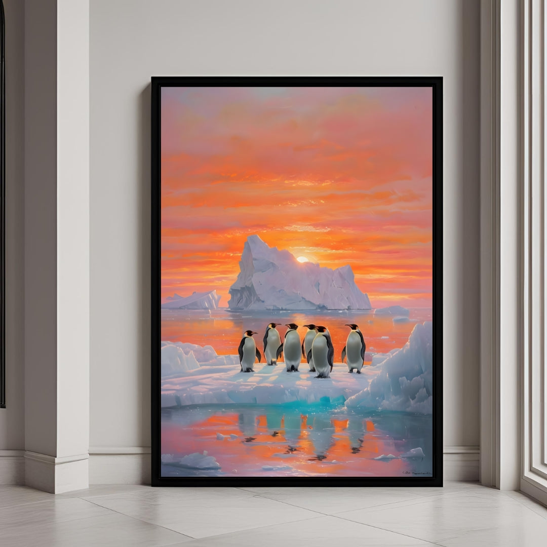 A beautiful framed art print of a group of penguins on an iceberg at sunset.