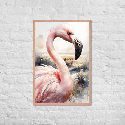 A close-up portrait of the flamingo's head and neck, perfect for coastal chic and pink wall decor.