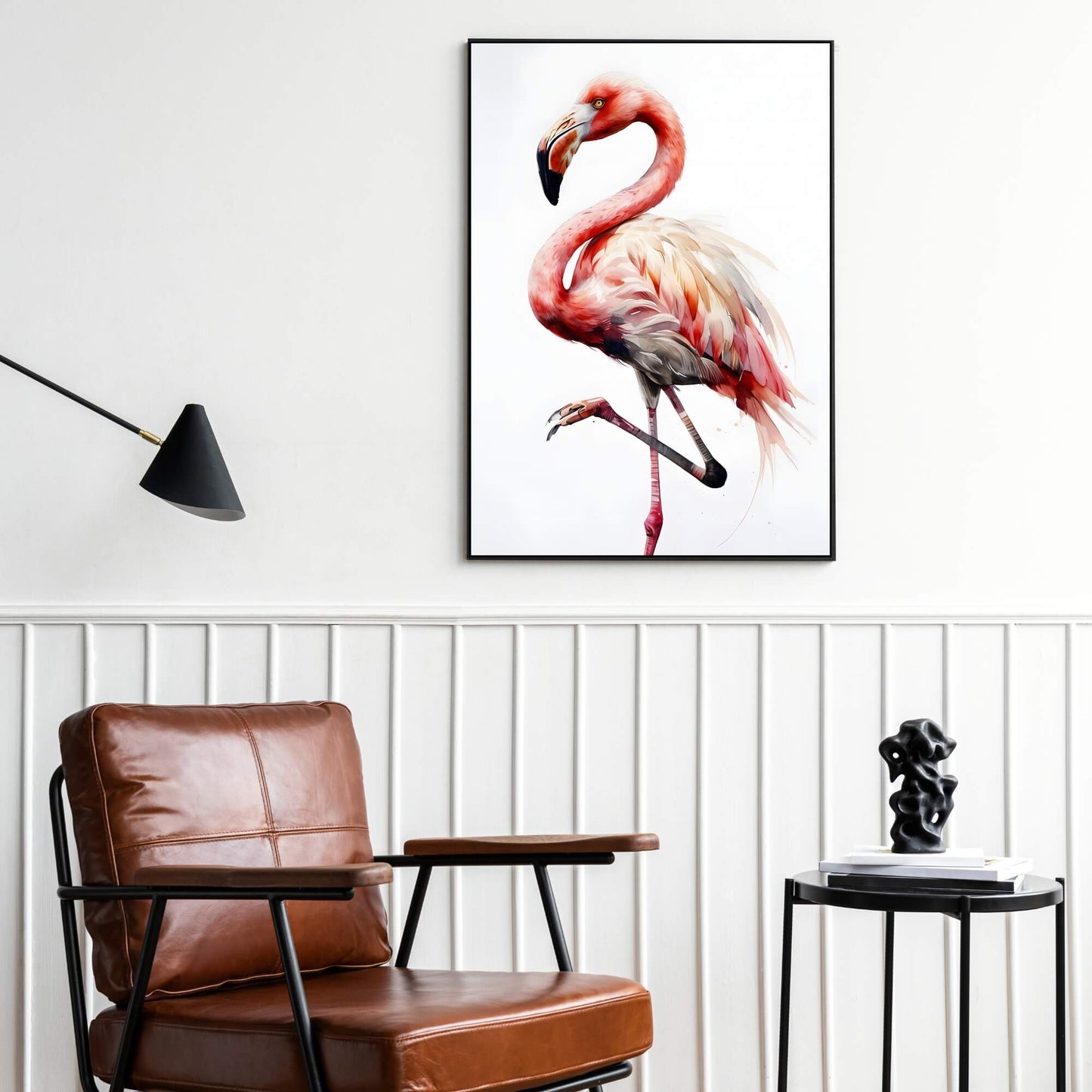A close-up portrait of the flamingo in pink and rose tones, perfect for coastal or nursery decor.