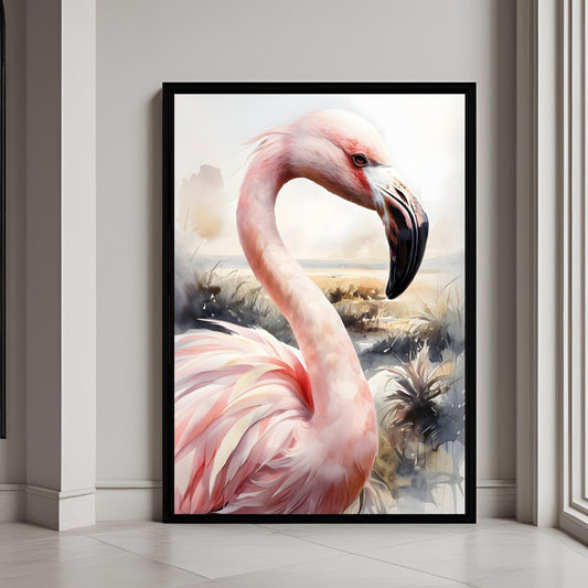 Elegant watercolor painting of a pink flamingo with detailed feathers, displayed as framed wall art.

