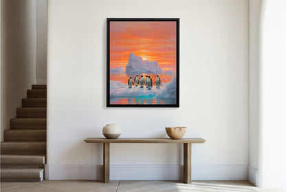 A full-view shot of the framed print, showing the penguins on the ice with a beautiful, colorful sky behind them.
