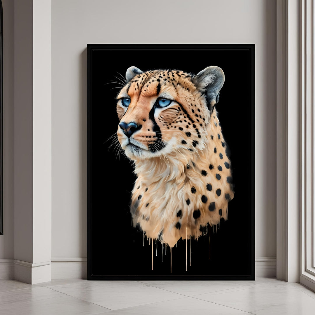 A framed portrait of a cheetah with striking blue eyes, painted in a powerful, modern watercolor style.